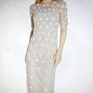 Adrianna Papell Silver Maxi Formal Elegant Beaded Sequin & Flowers